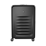Black hardshell rolling suitcase with horizontal ridges on the front.