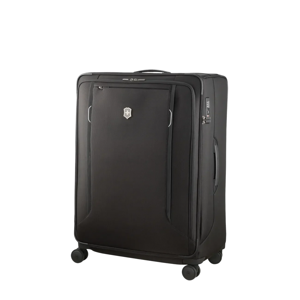 Black wheeled suitcase with a front zippered pocket and expandable design.