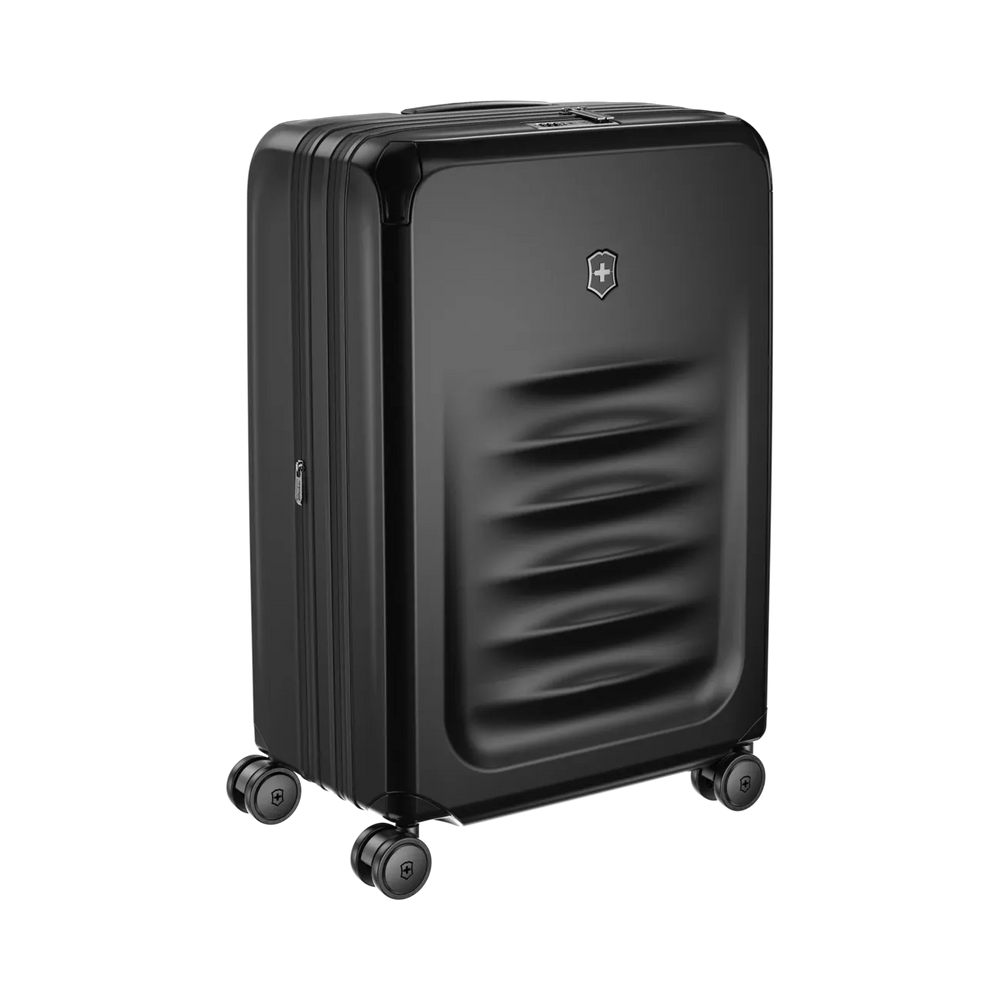 Black hardshell rolling suitcase with horizontal ridges on the front panel.