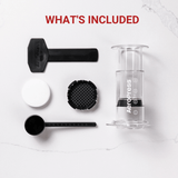 Aeropress coffee maker with its components laid out.