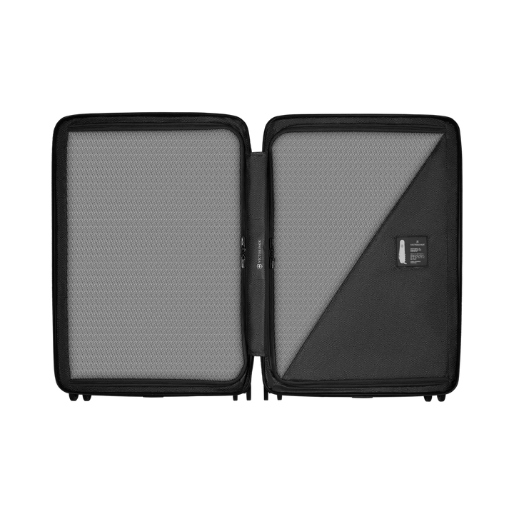 Airox case opened flat, showing two fabric-lined packing halves