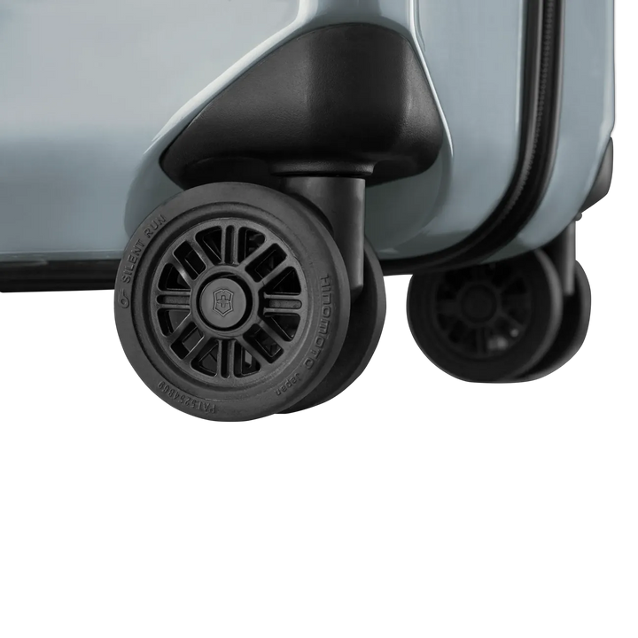 Close-up of a 60 mm dual-caster wheel on a silver Airox case