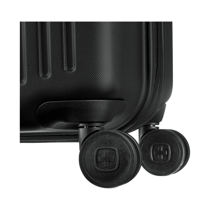 Close-up of the Wenger Flyn Pro dual-caster wheels