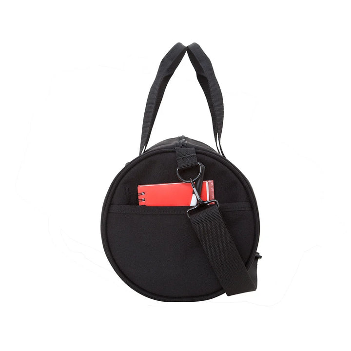 End of the Manhattan Portage Chelsea Drum Bag, showing the outside pocket