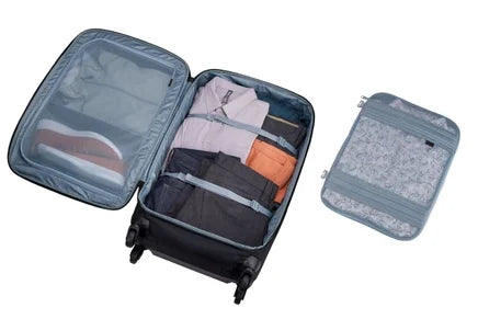 Thule Subterra 2 spinner open, with the compression panel taken out beside it
