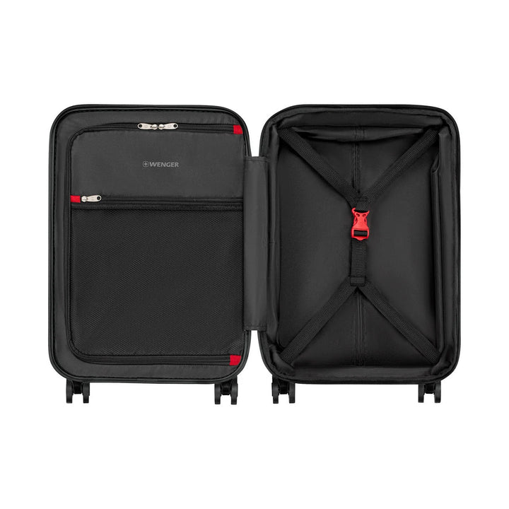 Wenger Flyn Pro case opened flat, showing straps and mesh pocket