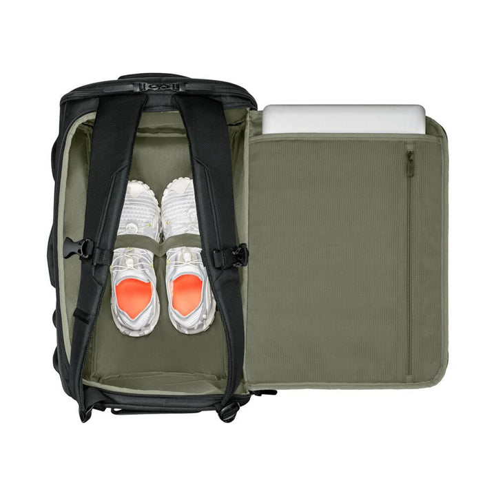 Wenger UrbanOne duffle opened from the back, with shoes held by the webbing loops