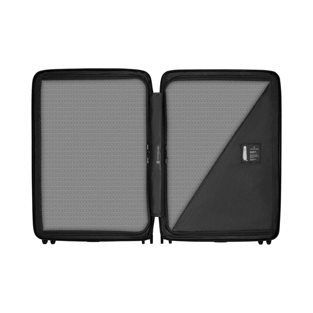 Open hard-shell suitcase with two compartments.