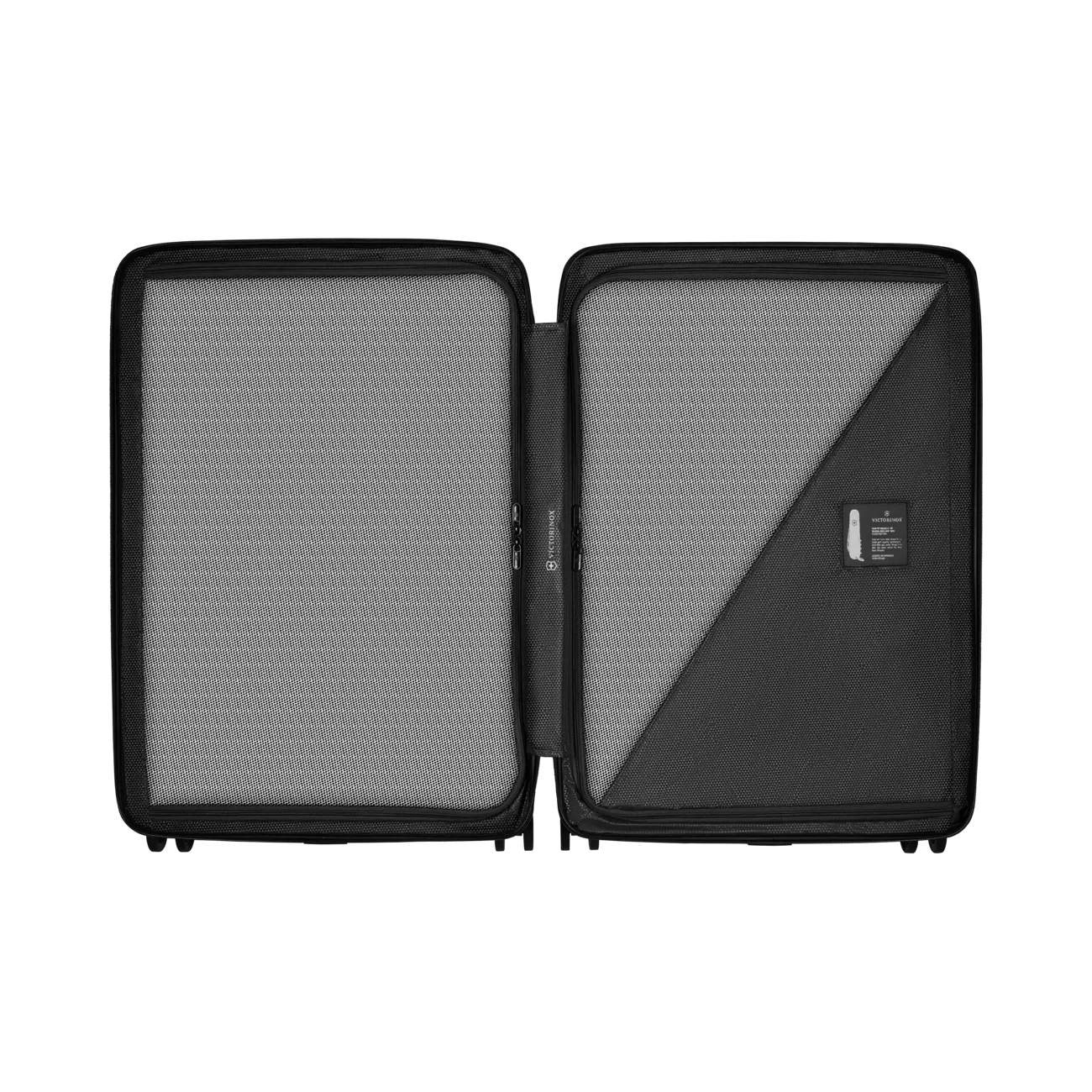 Open hard-shell suitcase with two compartments.