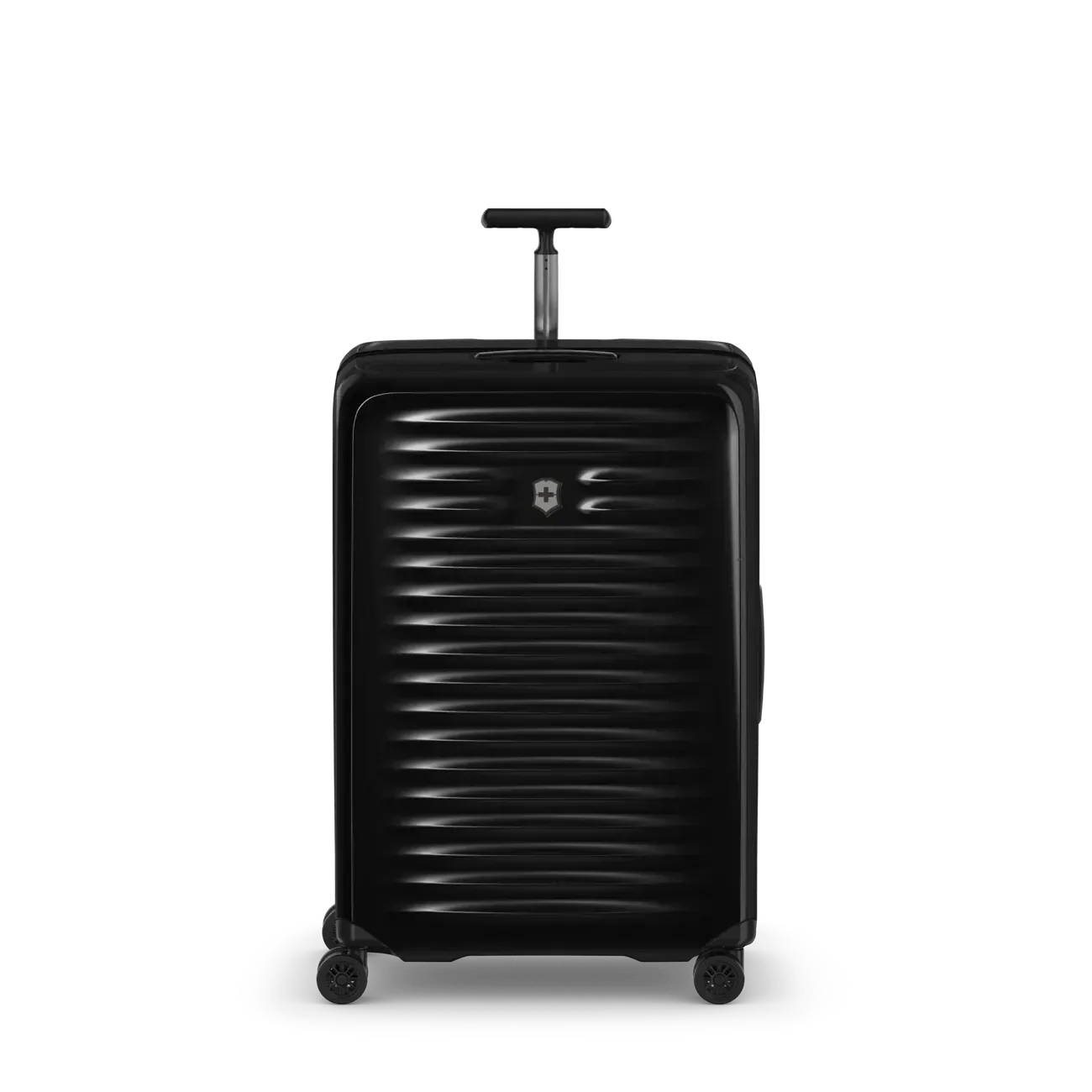 Black hardshell rolling suitcase with horizontal ribbed texture and extendable handle.