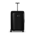 Black hard-shell rolling suitcase with horizontal ridges and an extendable handle.
