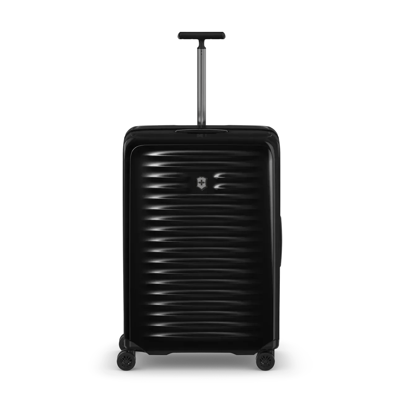 Black hard-shell rolling suitcase with horizontal ridges and an extendable handle.
