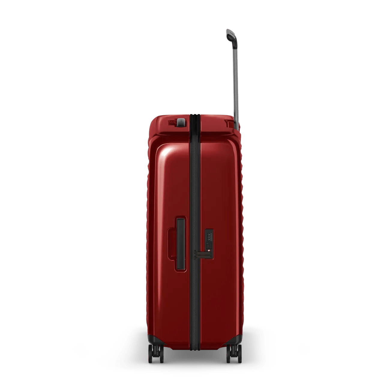 Red hardshell rolling suitcase with a telescoping handle and wheels.