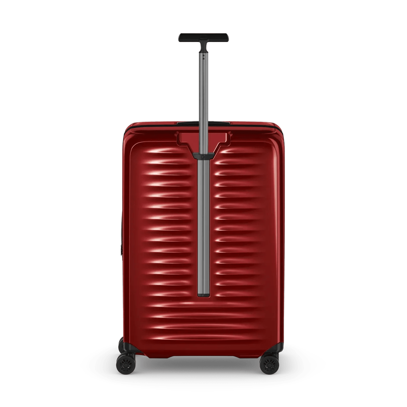 Red hardshell rolling suitcase with horizontal ridges and an extendable handle.