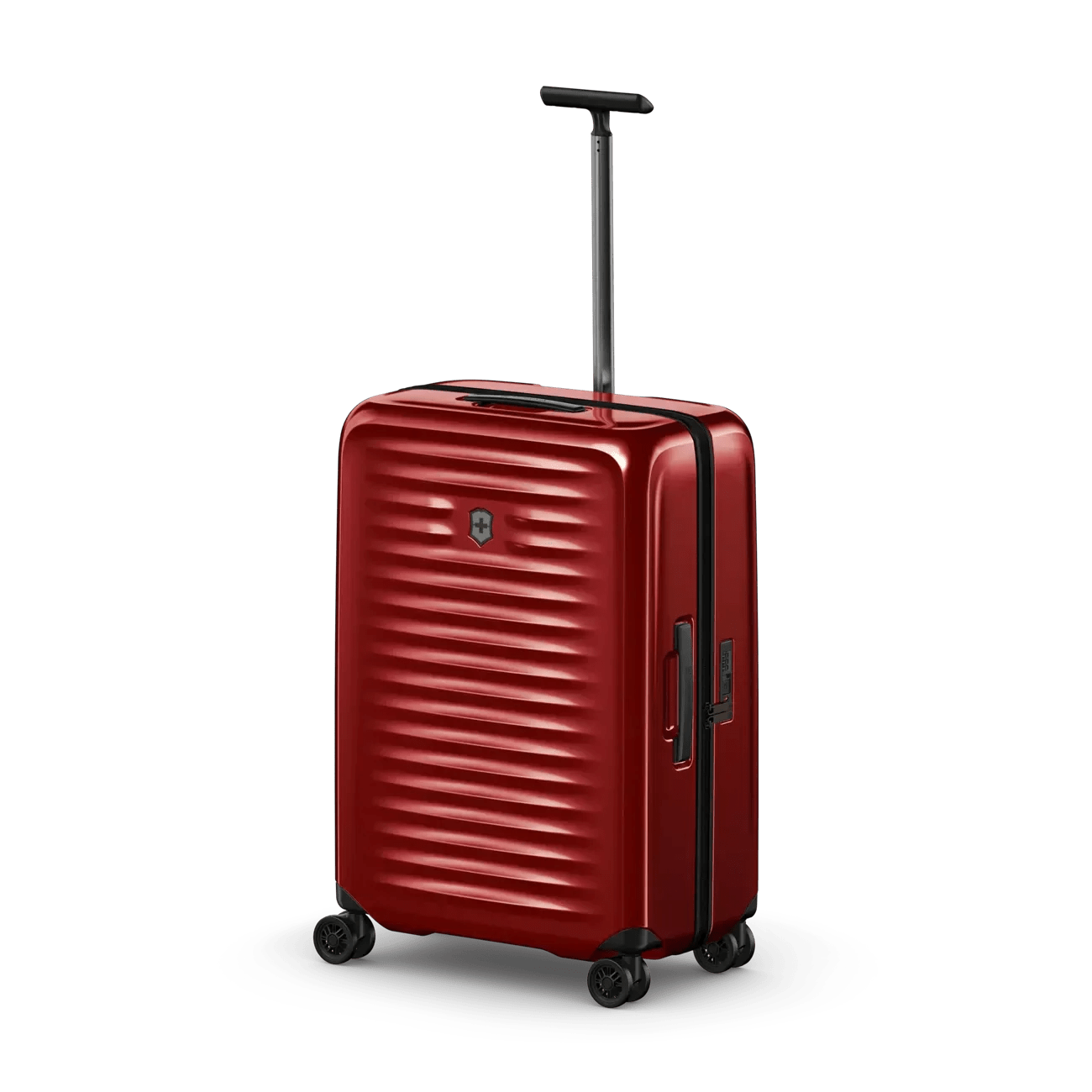 Red hardshell rolling suitcase with horizontal ridges and an extendable handle.