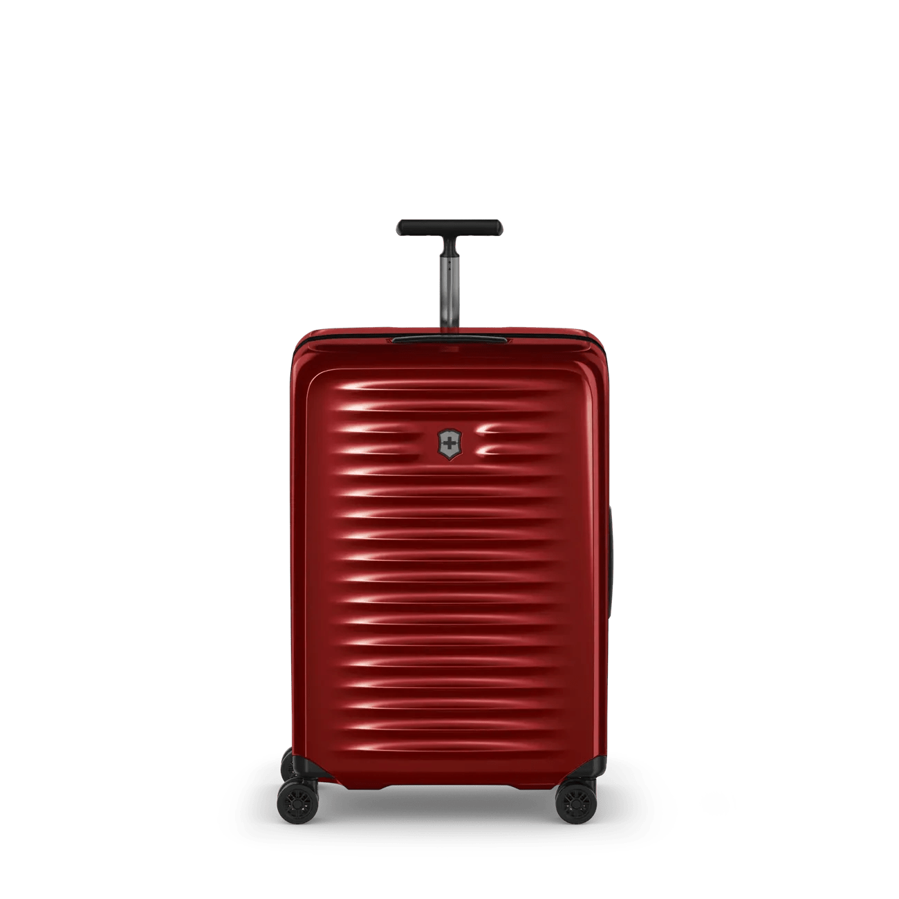 Red hardshell rolling suitcase with horizontal ridges and a retractable handle.