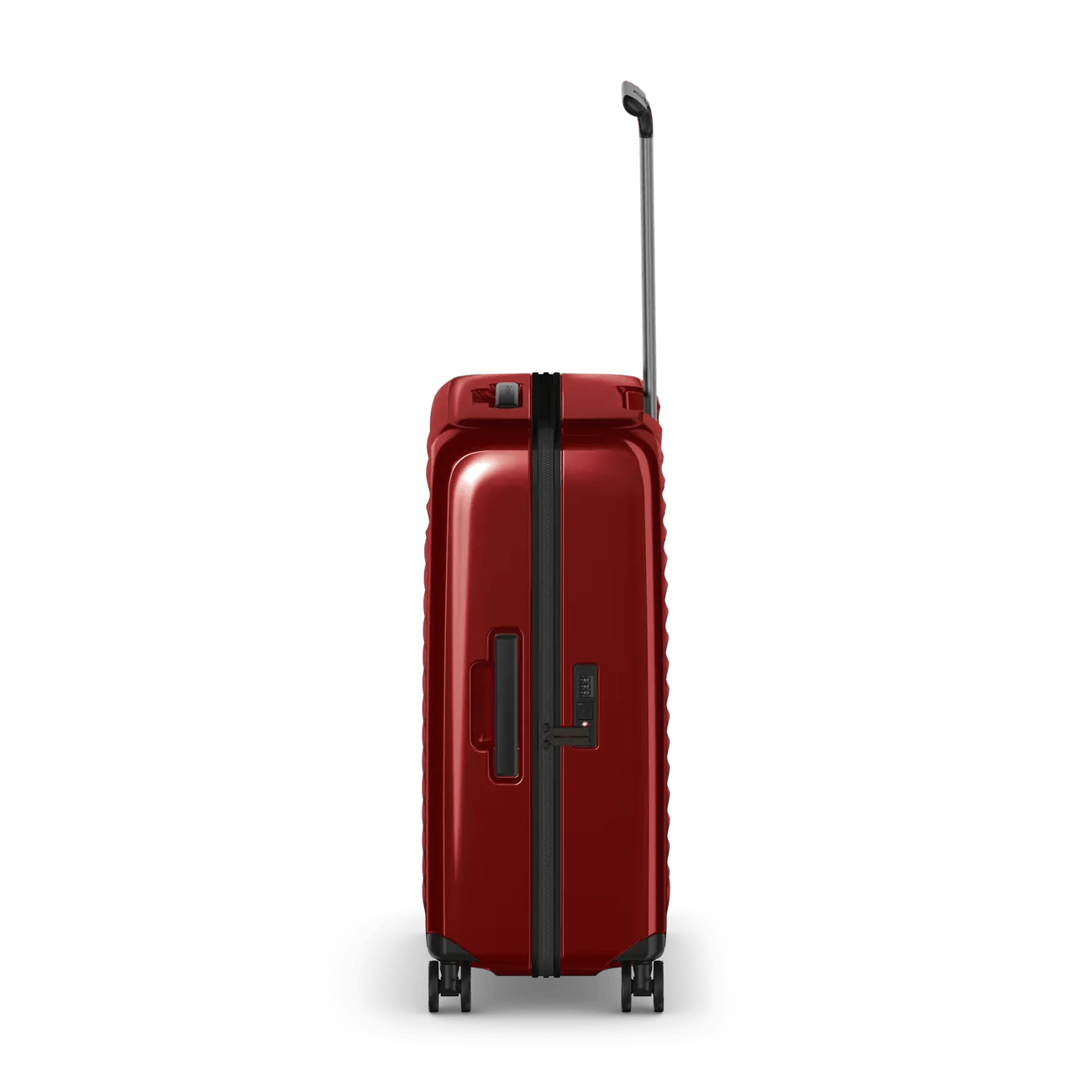 Red hardshell rolling suitcase with an extendable handle and wheels.