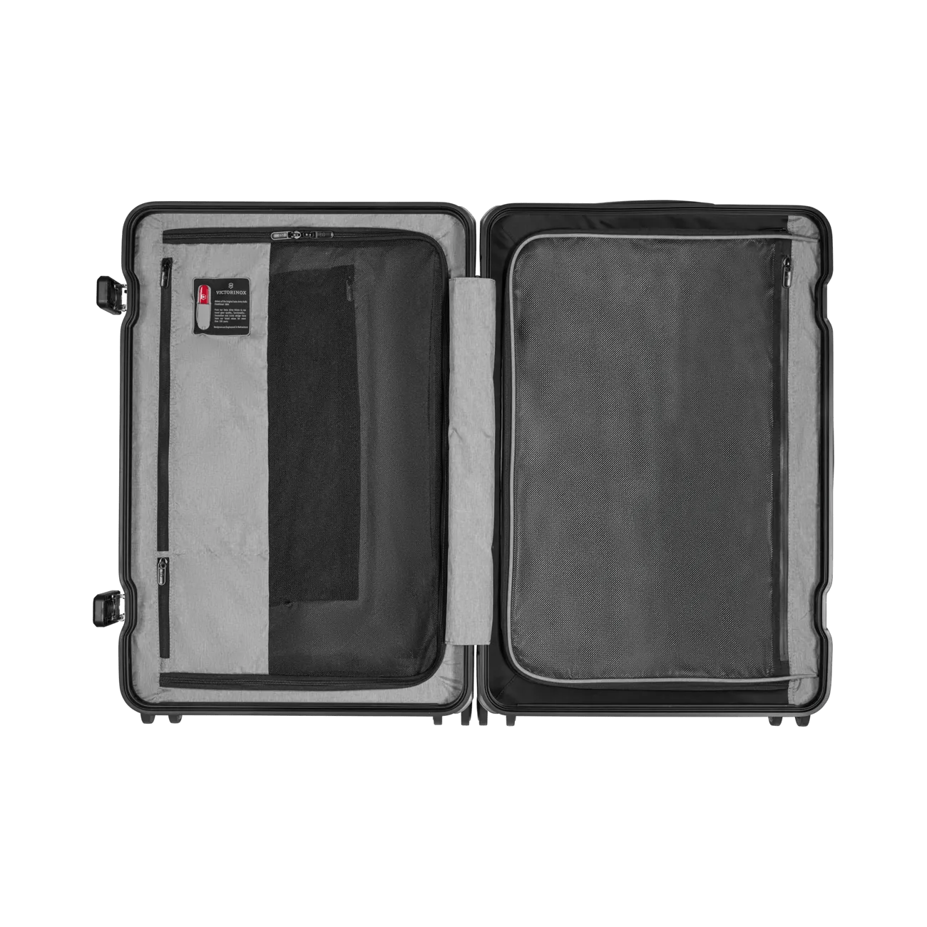 Open hard-shell suitcase with two compartments and interior pockets.