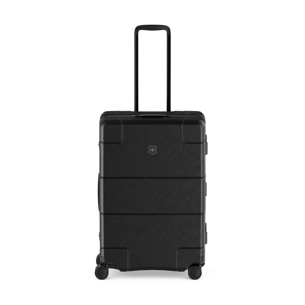 Black hardshell rolling suitcase with horizontal ridges and an extendable handle.