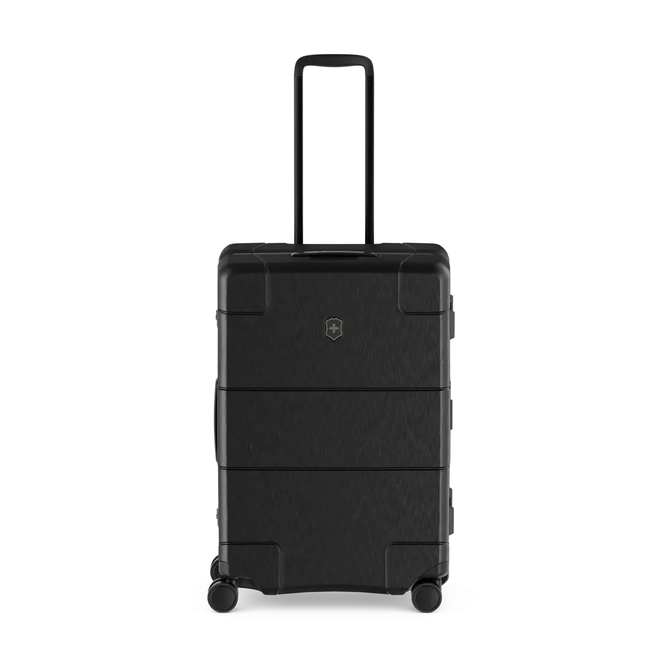 Black hardshell rolling suitcase with horizontal ridges and an extendable handle.