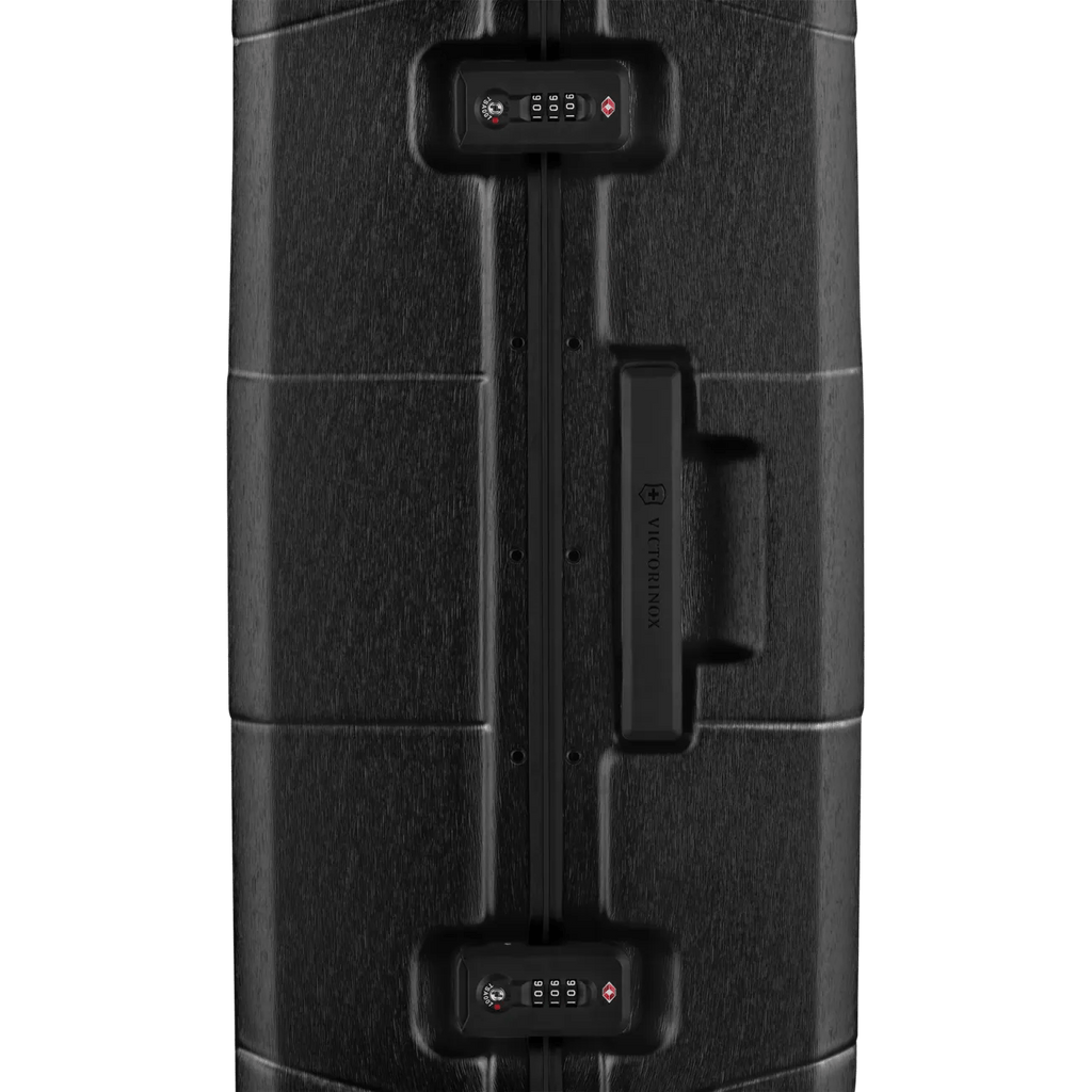 Black hardshell suitcase with combination locks and a handle.
