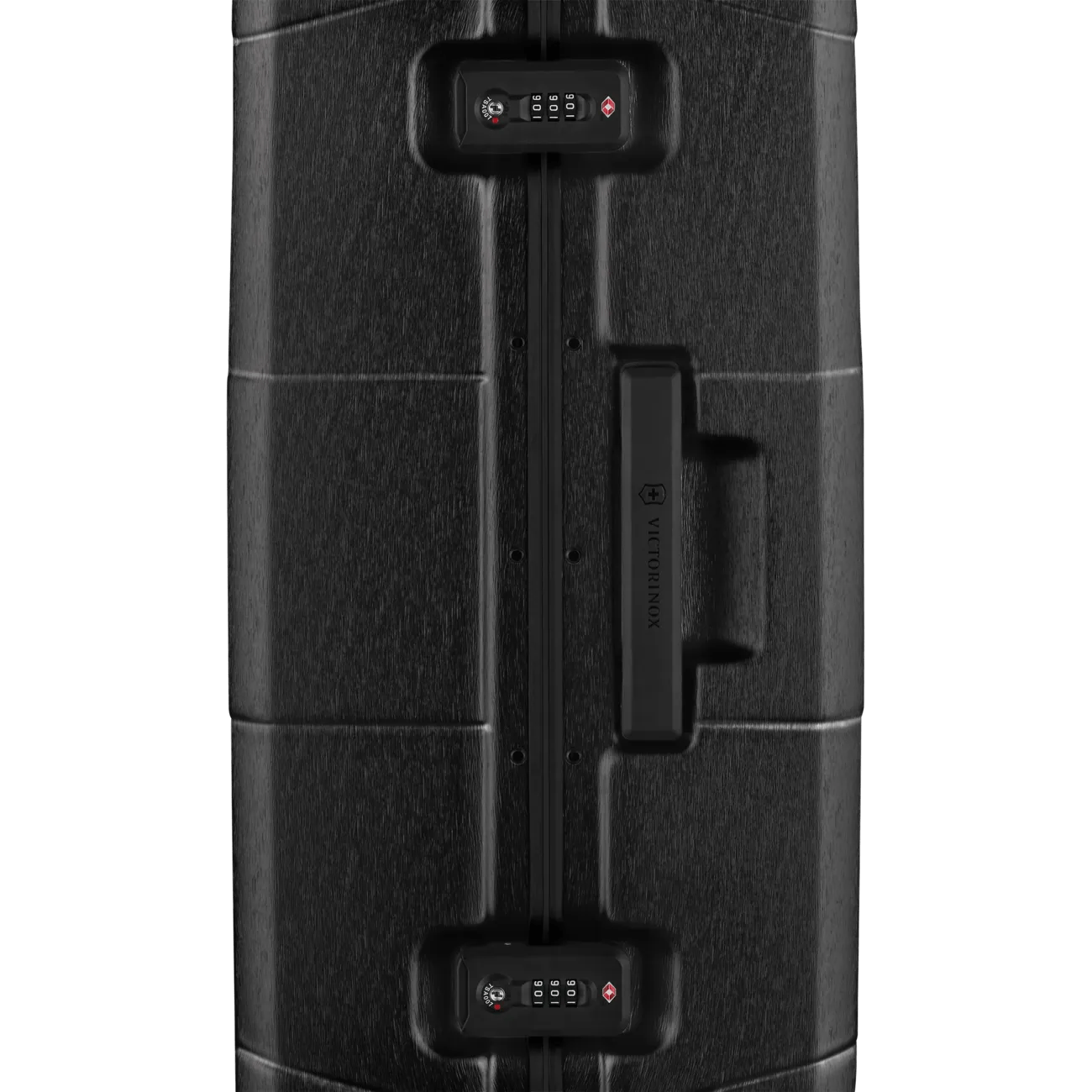 Black hardshell suitcase with combination locks and a handle.