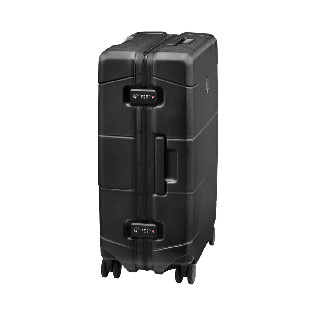 Black hardshell rolling suitcase with wheels and a retractable handle.