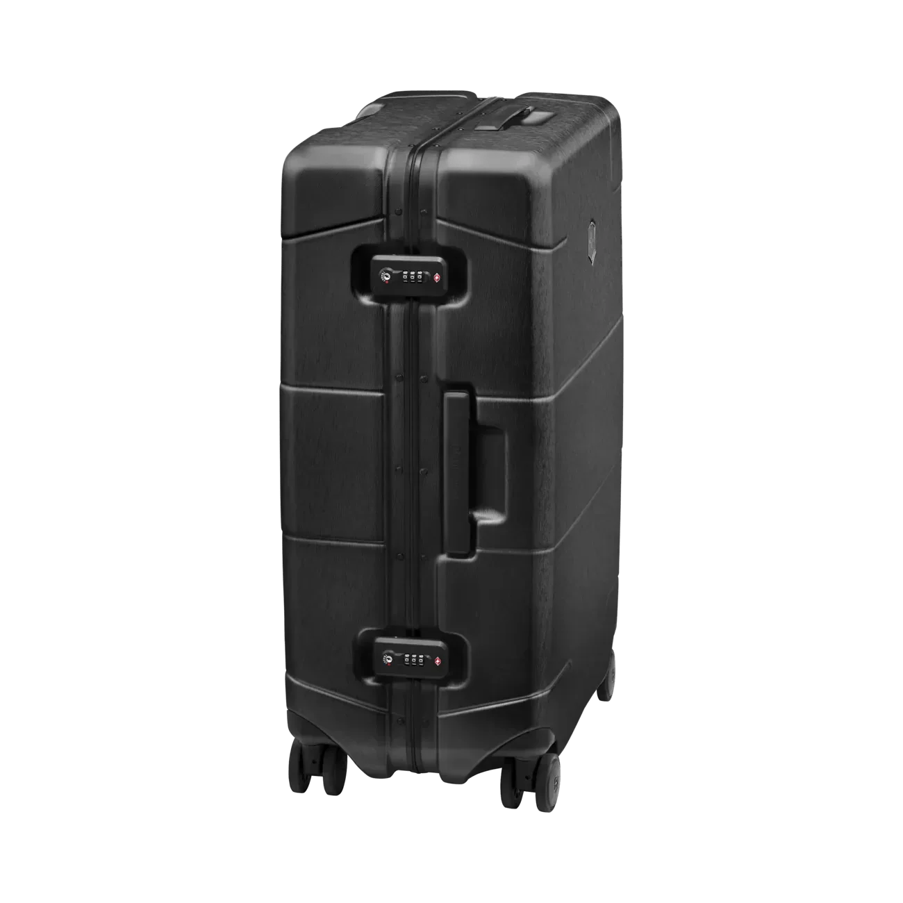 Black hardshell rolling suitcase with wheels and a retractable handle.