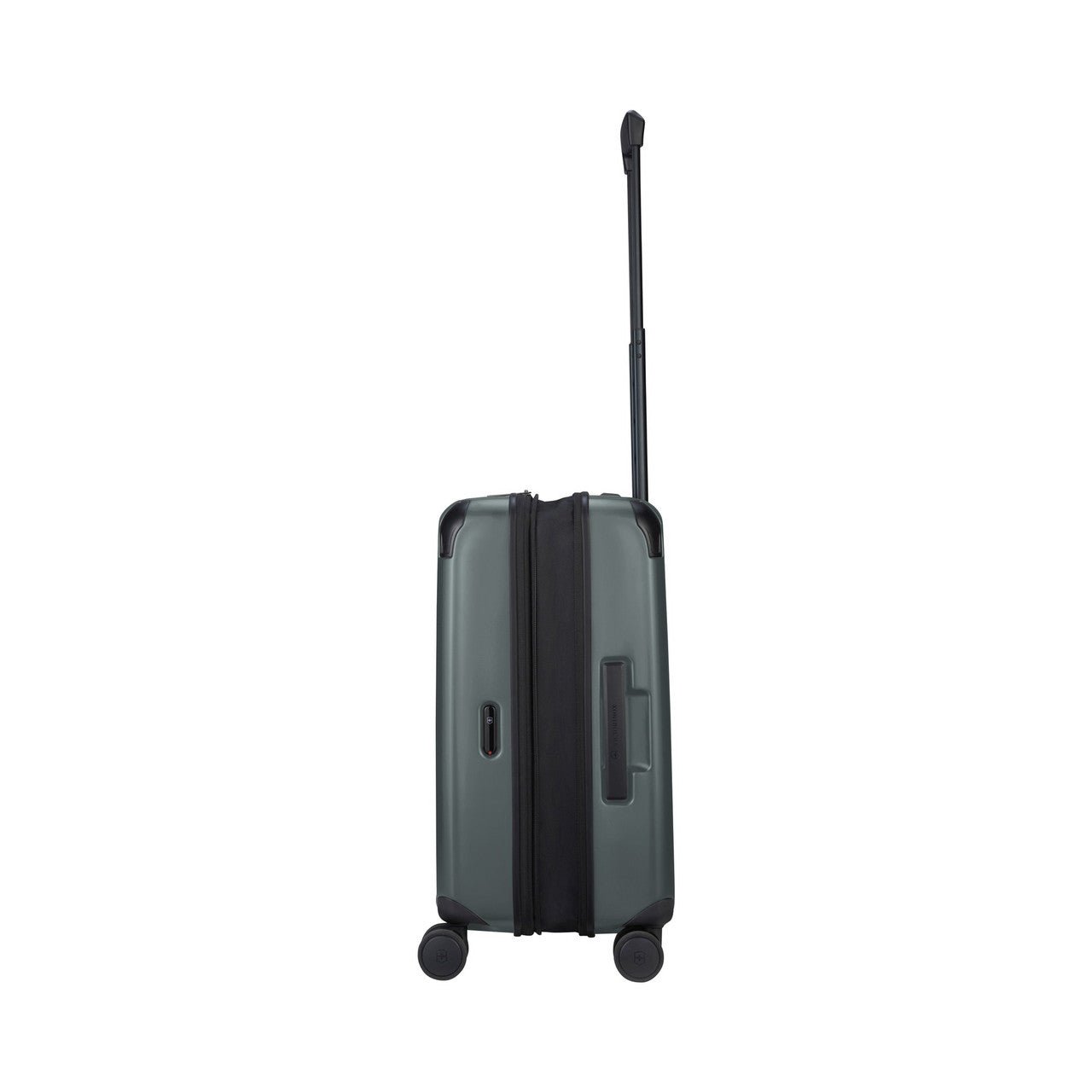 Gray hardshell suitcase with wheels and an extendable handle.