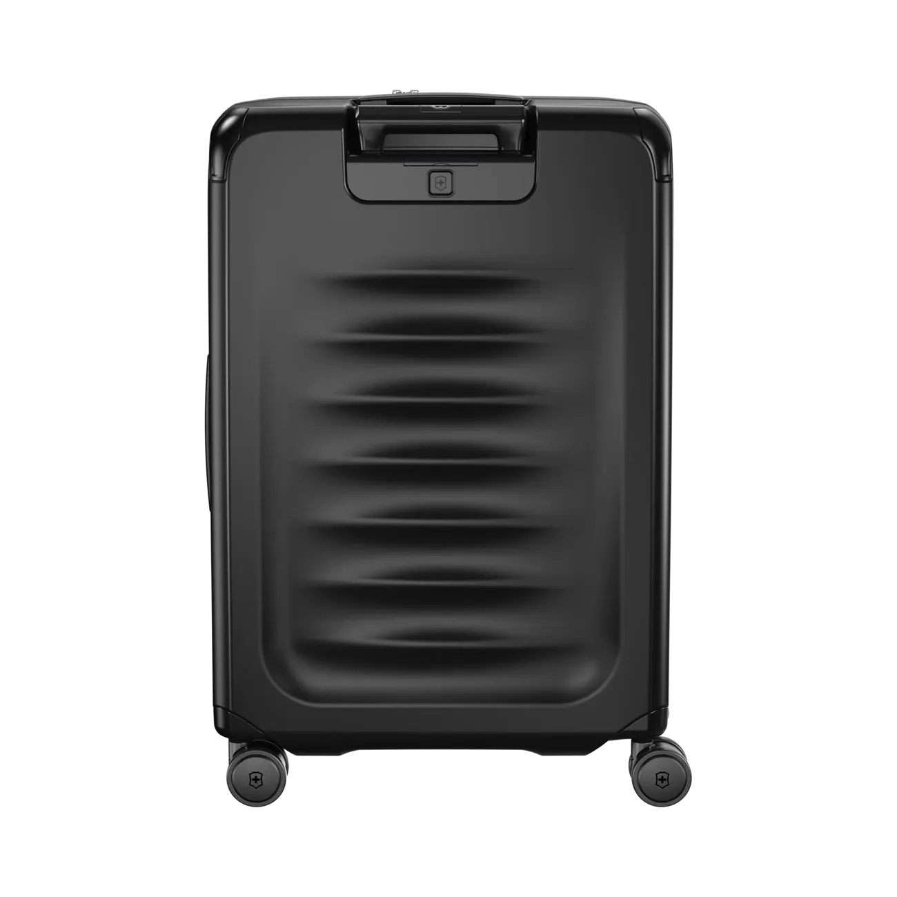 Black hardshell rolling suitcase with horizontal ridges on the front.
