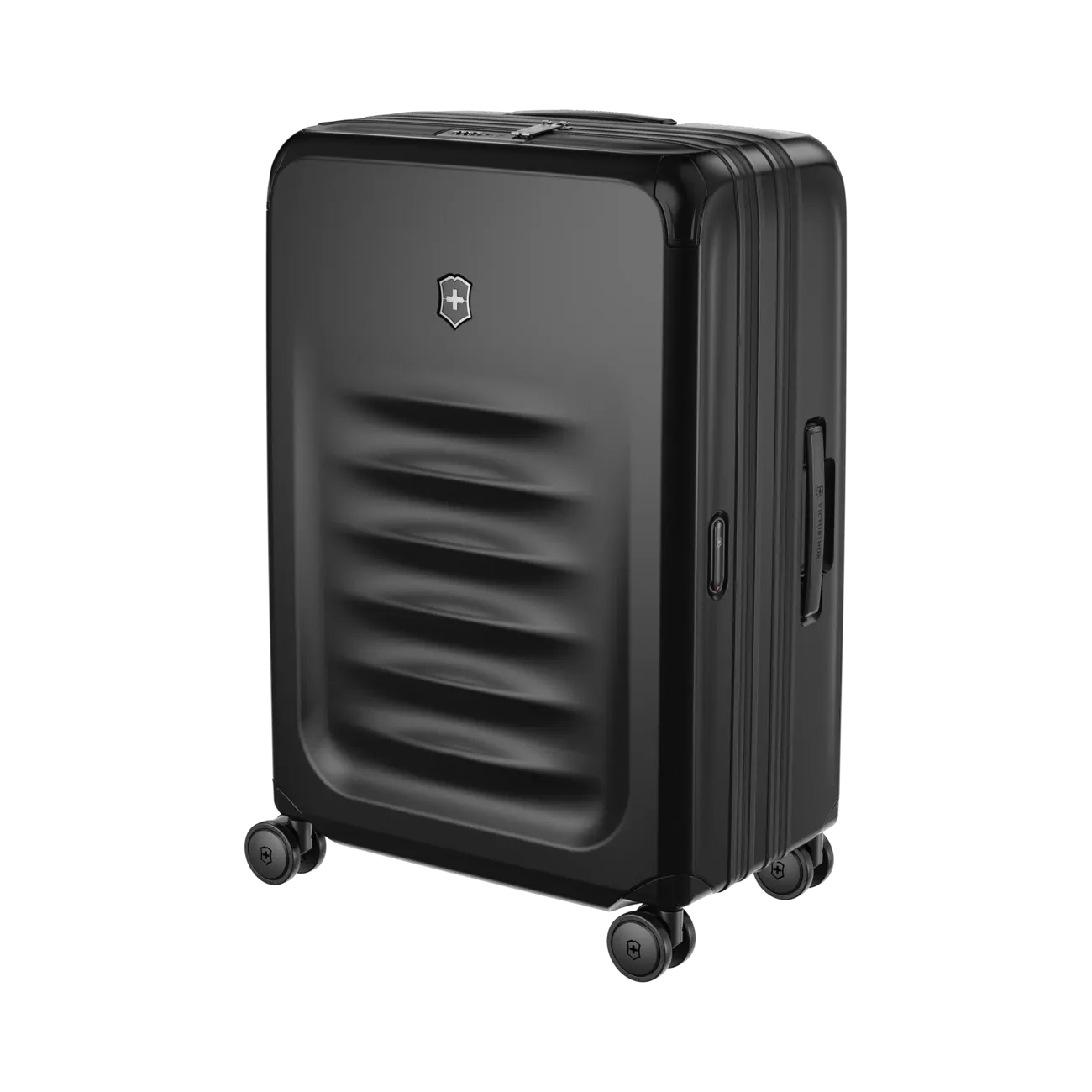 Black hardshell rolling suitcase with horizontal ridges on the front panel.