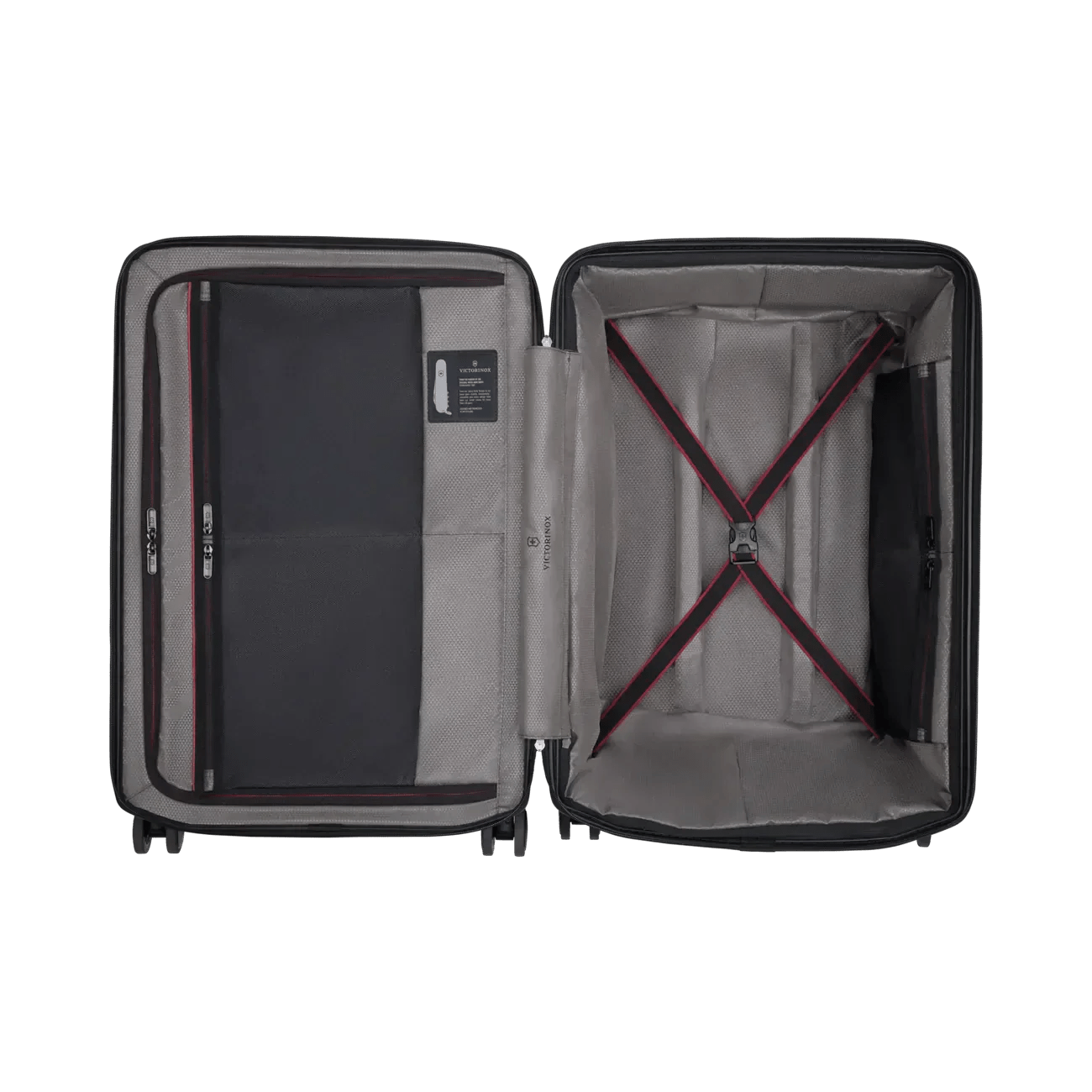 Open suitcase showing its interior compartments and straps.