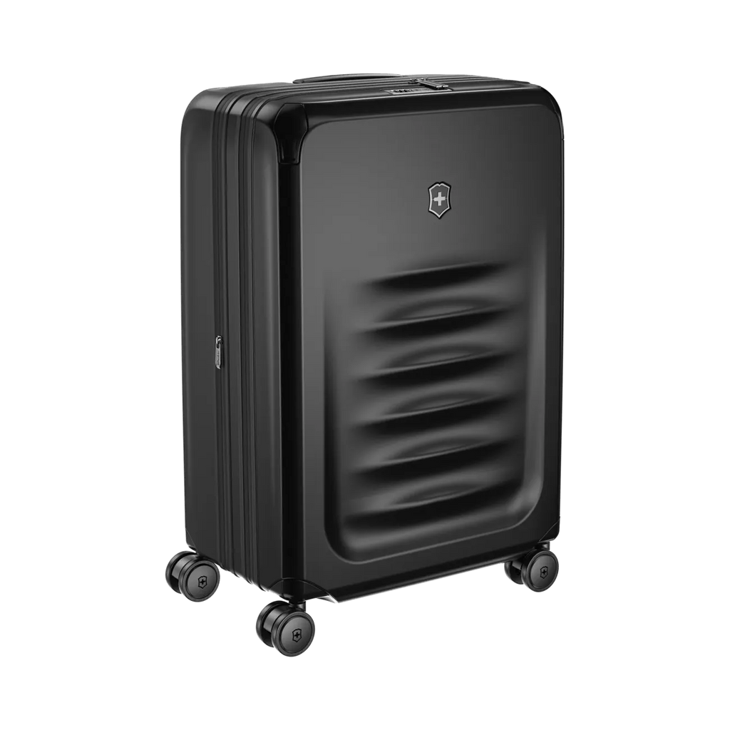 Black hardshell rolling suitcase with horizontal ridges on the front panel.