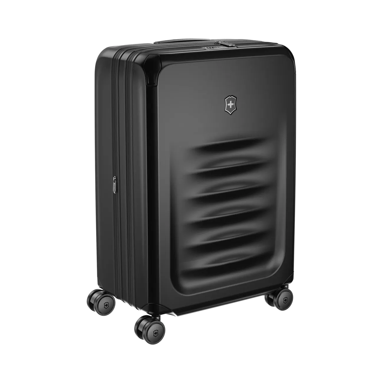 Black hardshell rolling suitcase with horizontal ridges on the front panel.