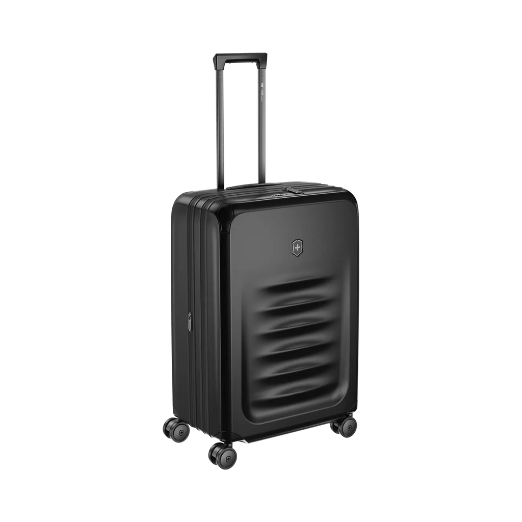 Black hardshell rolling suitcase with a retractable handle and wheels.
