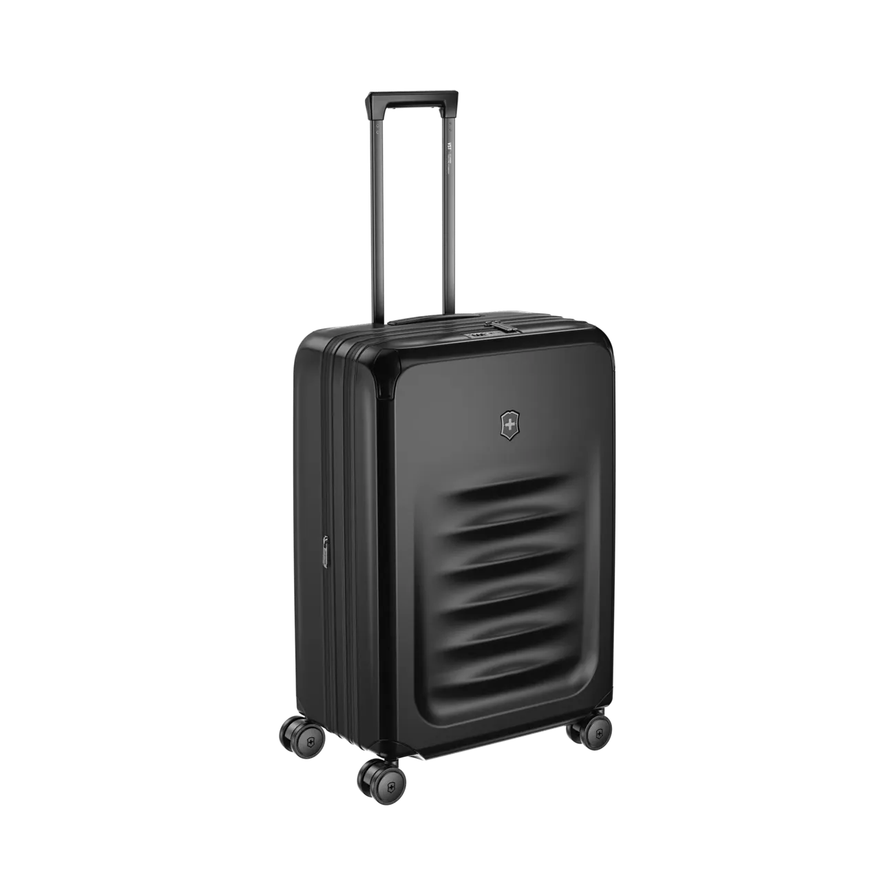 Black hardshell rolling suitcase with a retractable handle and wheels.