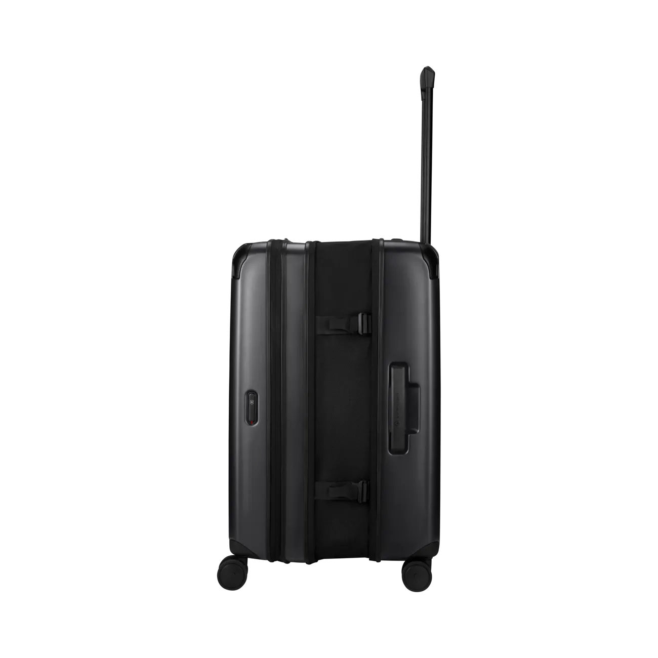 Black hardshell rolling suitcase with an extendable handle.