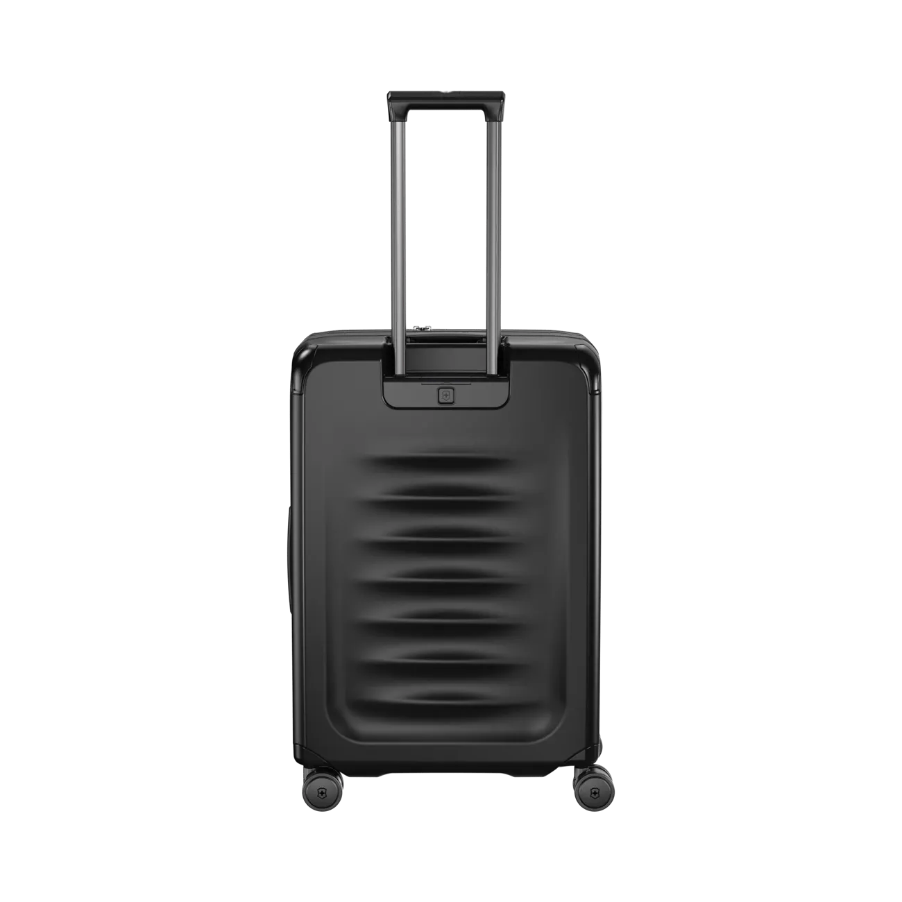 Black hardshell rolling suitcase with a retractable handle and horizontal ridges on the front.