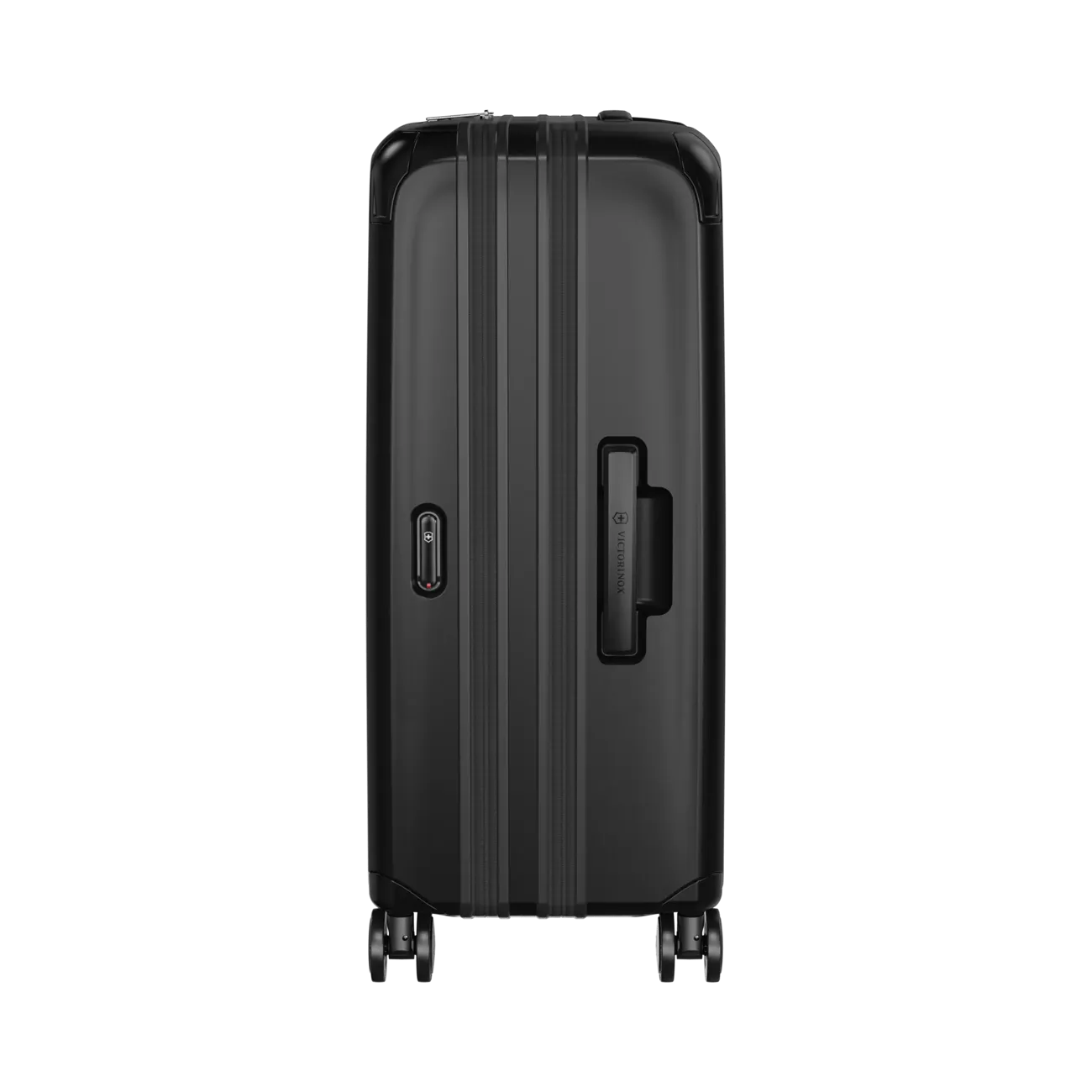 Black hardshell rolling suitcase with vertical ridges and a side handle.
