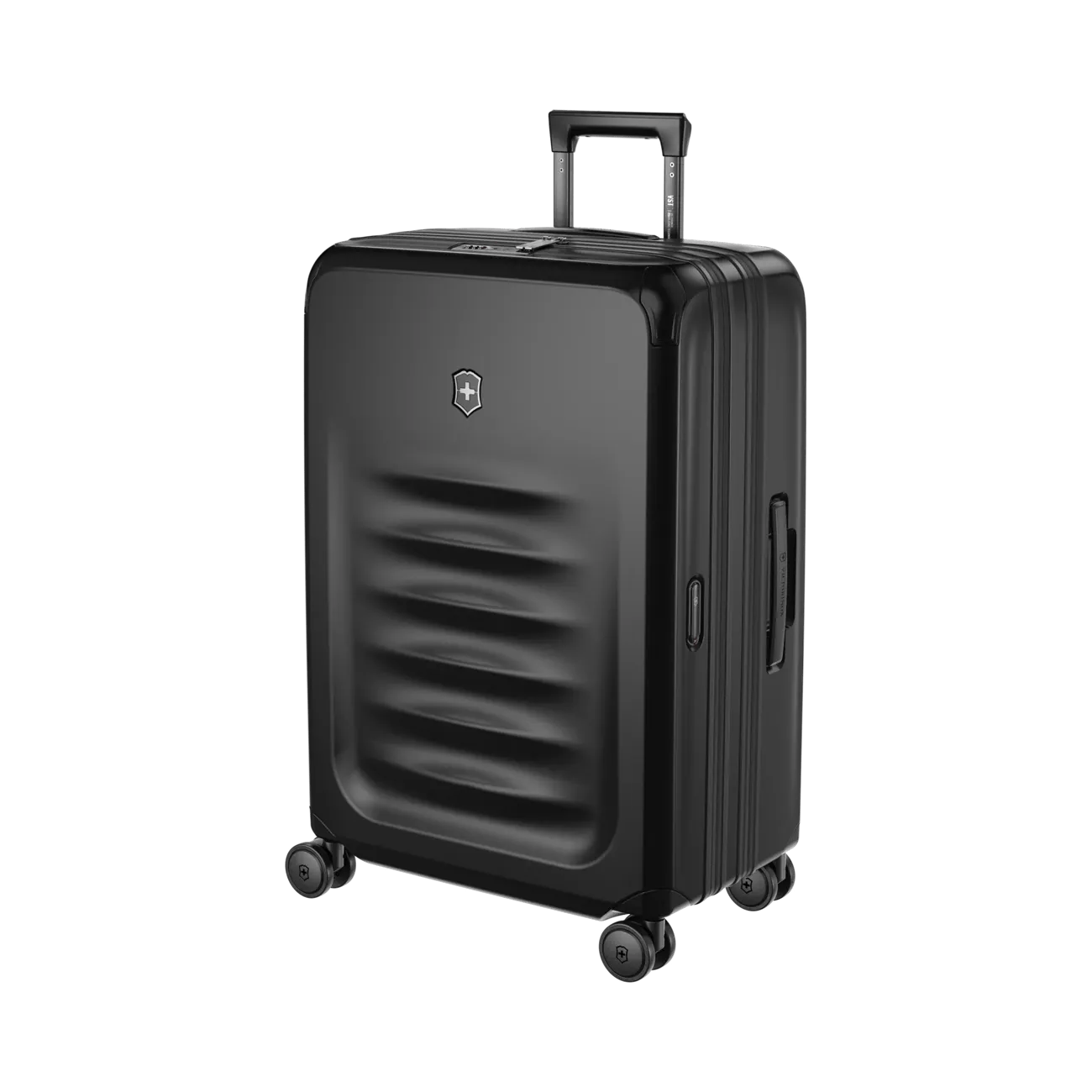 Black hardshell rolling suitcase with horizontal ridges on the front.