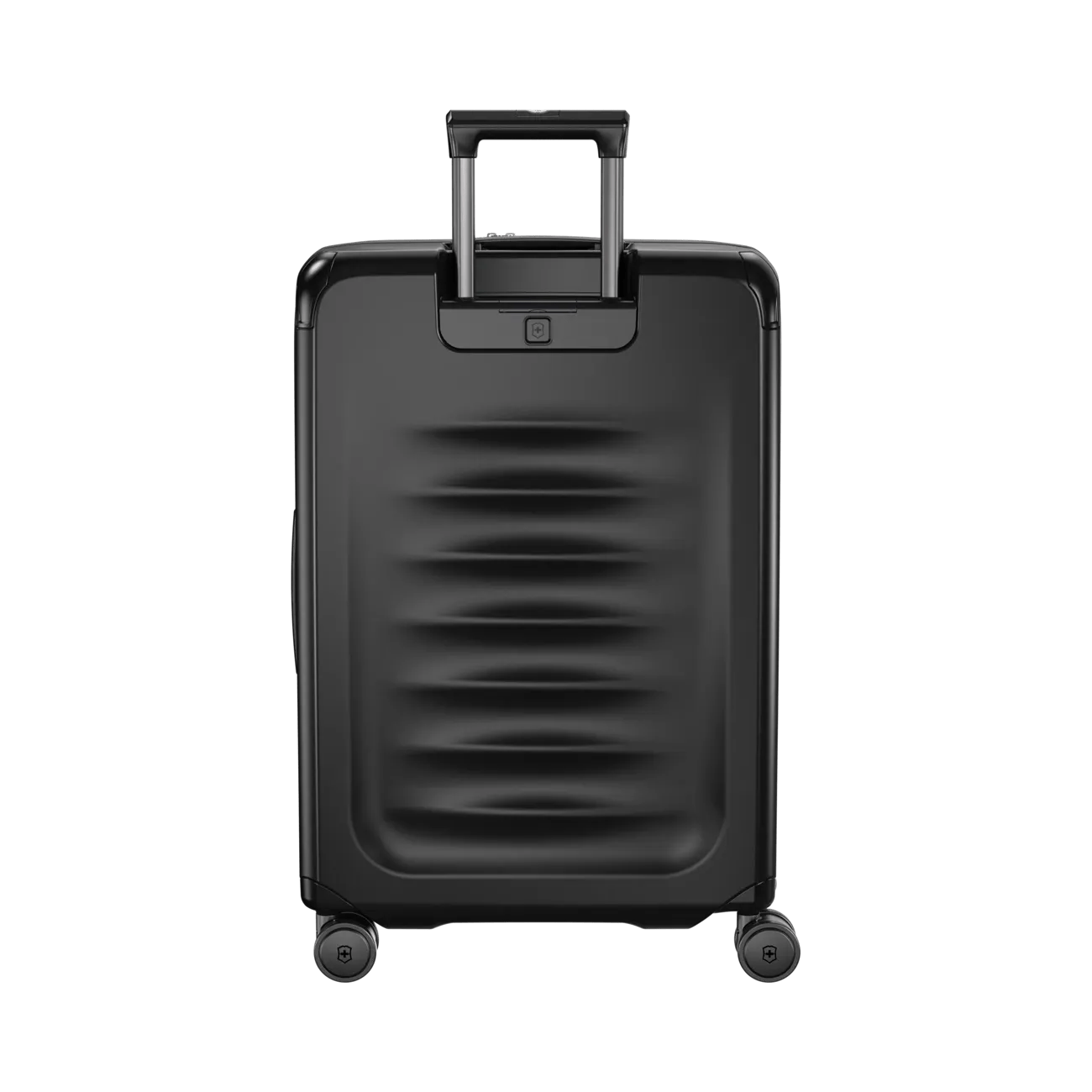 Black hardshell rolling suitcase with horizontal ridges and a retractable handle.