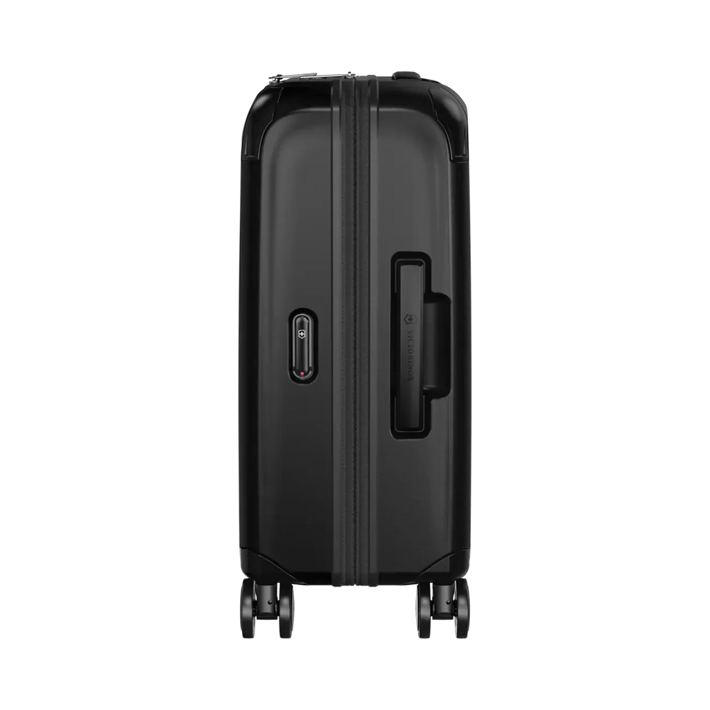 Black hardshell carry-on suitcase with extendable handle and wheels.