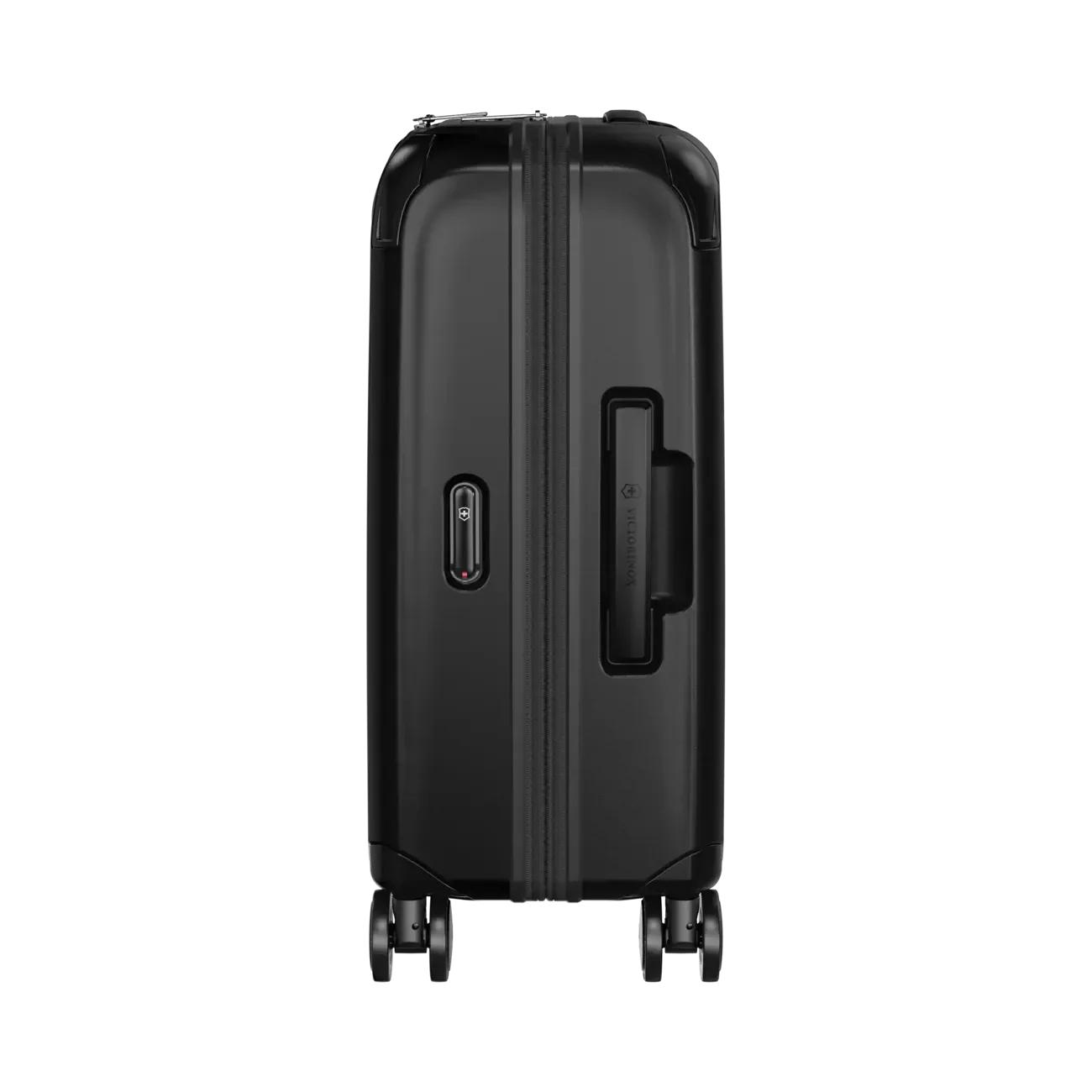 Black hardshell carry-on suitcase with extendable handle and wheels.