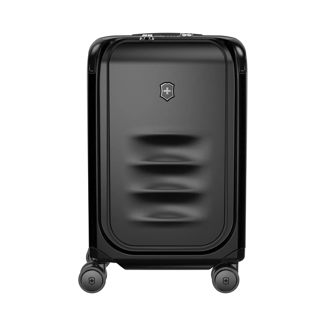 Black hardshell rolling suitcase with a Victorinox logo.