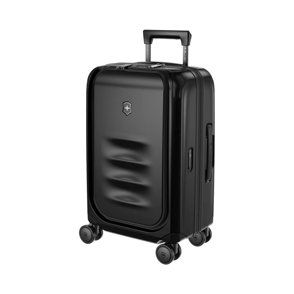 Black hardshell carry-on suitcase with wheels and a retractable handle.