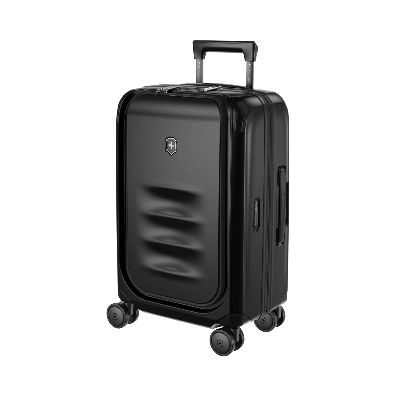 Black hardshell carry-on suitcase with wheels and a retractable handle.