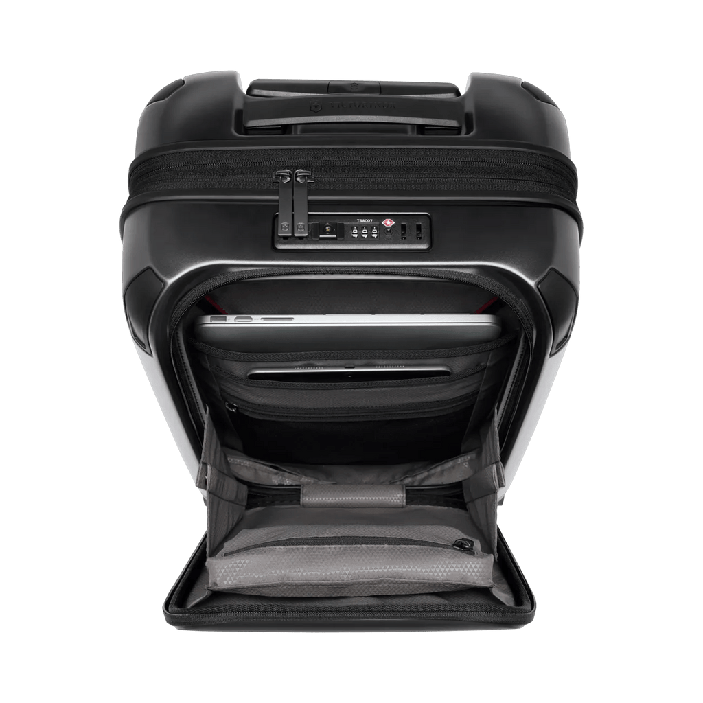 Black hardshell rolling suitcase with a front pocket compartment.