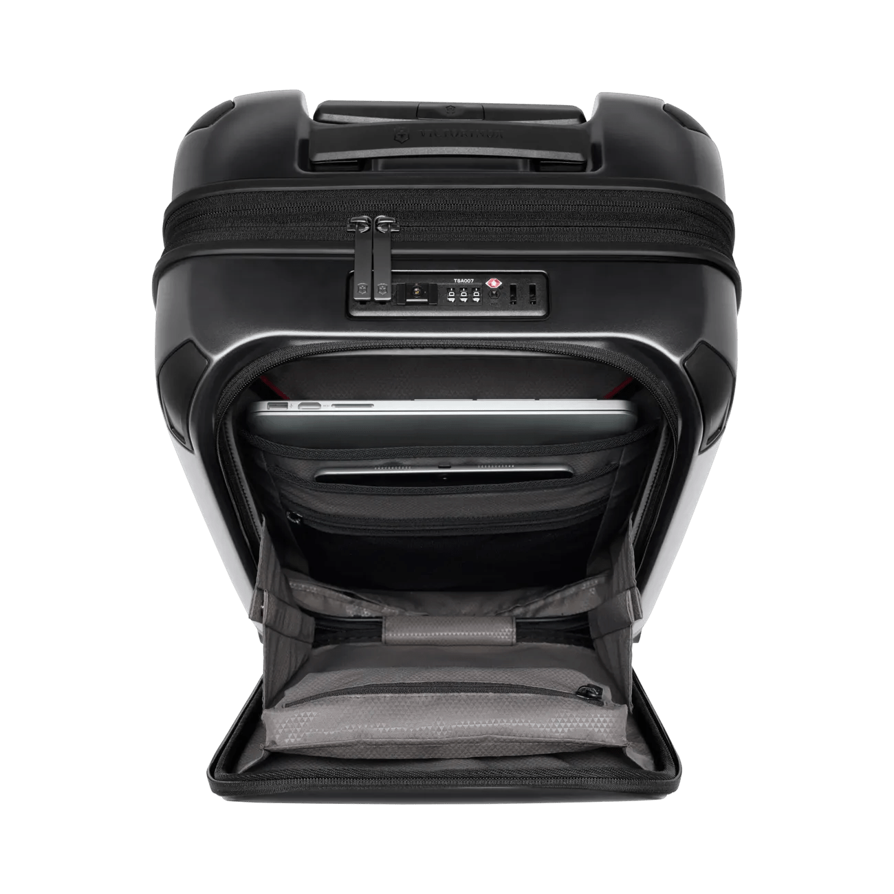 Black hardshell rolling suitcase with a front pocket compartment.