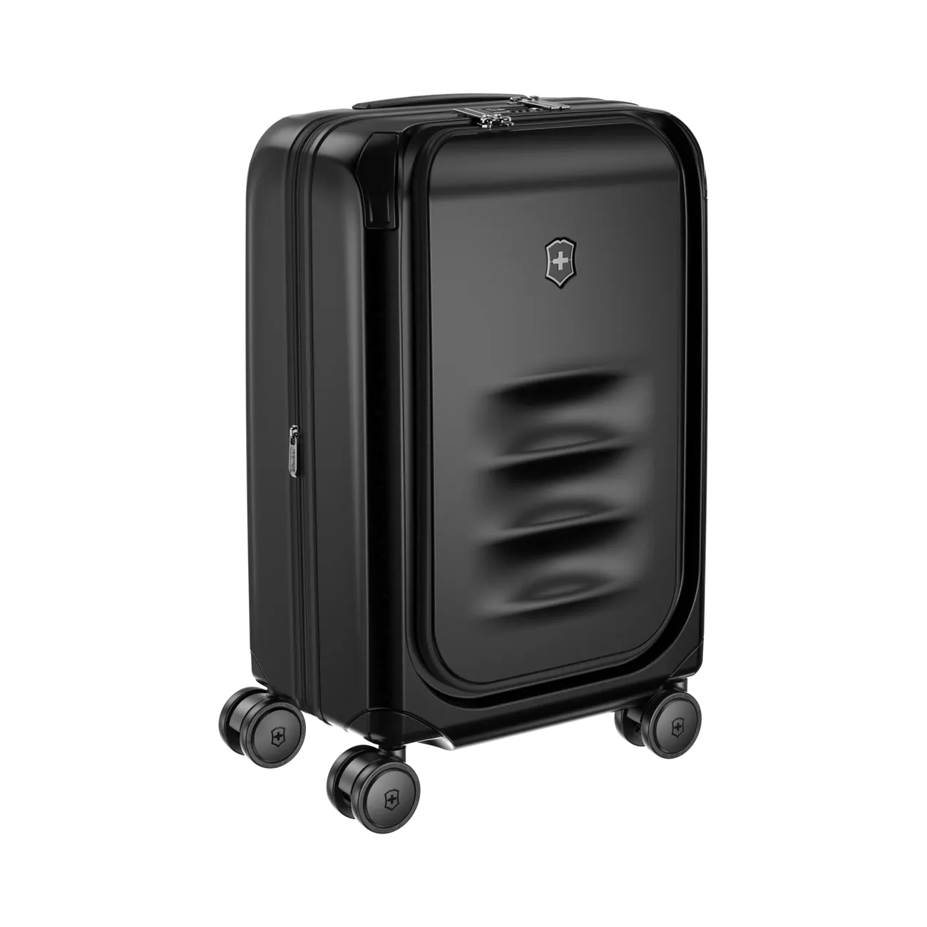 Black hardshell rolling suitcase with four wheels and a logo emblem.