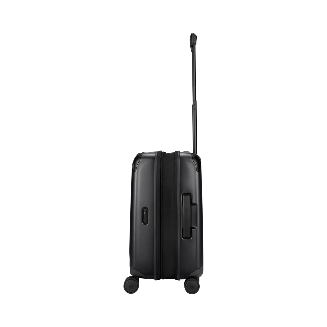Black hard-shell rolling suitcase with an extendable handle.